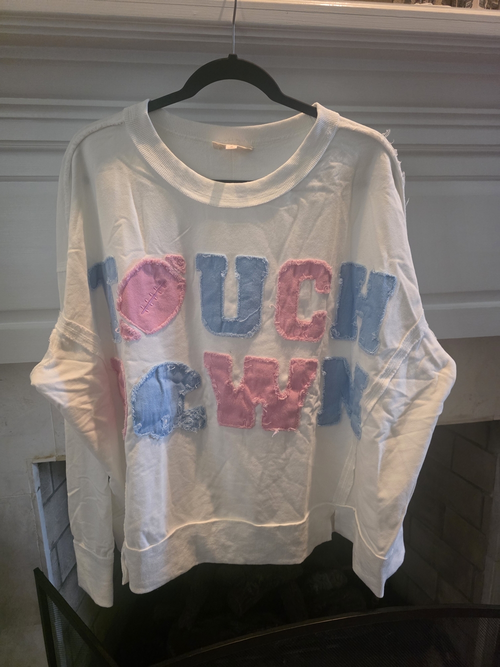 Peach Love California White Sweatshirt with Pink & Light Blue Frayed Lettering